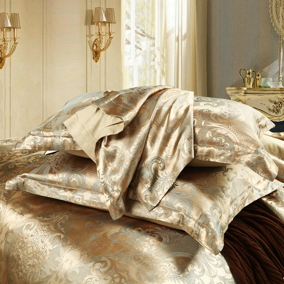 Luxurious Gold Jacquard Duvet Cover Set with Pillowcases for Bedroom or Guest Room