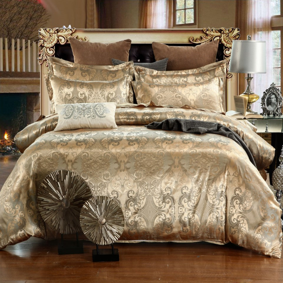 Luxurious Gold Jacquard Duvet Cover Set with Pillowcases for Bedroom or Guest Room