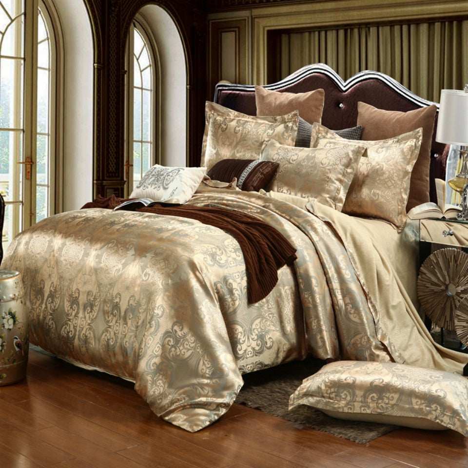 Luxurious Gold Jacquard Duvet Cover Set with Pillowcases for Bedroom or Guest Room