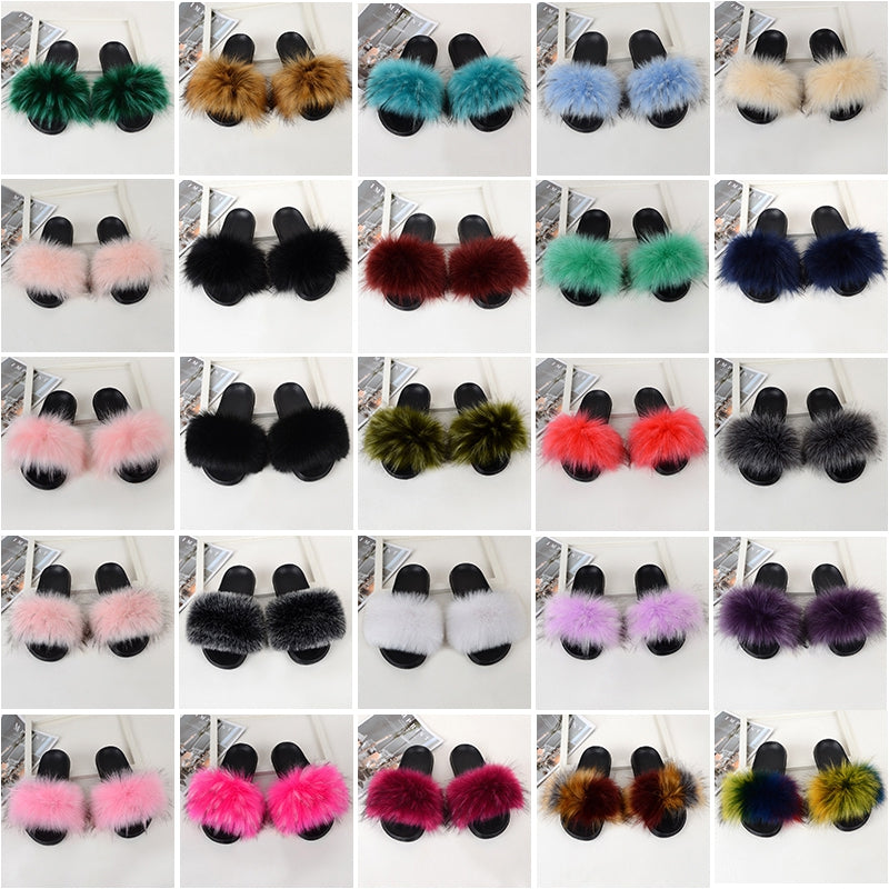 Women's Faux Fur Slip-On Sandals Open-Toe Flat Summer Casual Wide Width