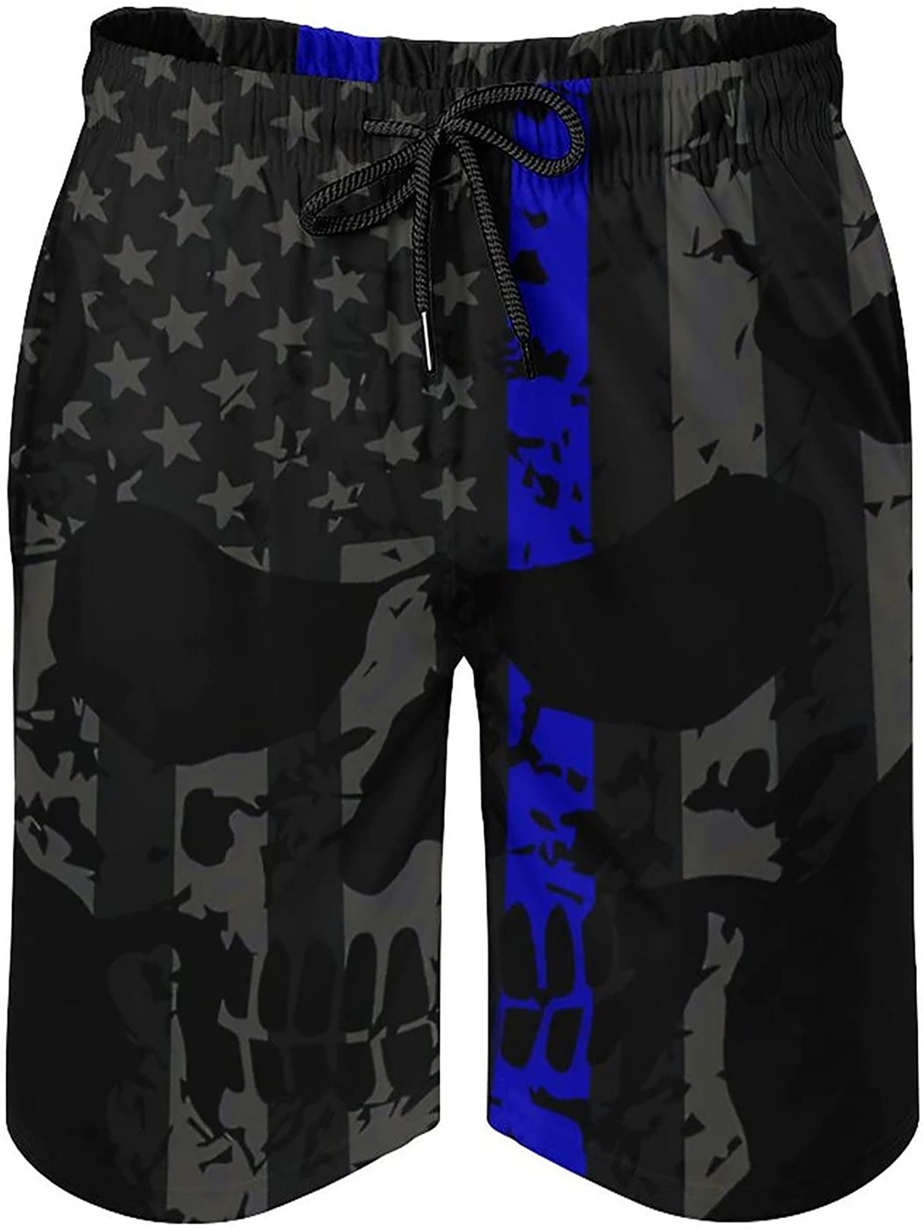 Amerika bayrog'i dizayni, tortish ipi, cho'ntaklar va katta o'lchamda tez quriydigan suzish shortiklari.