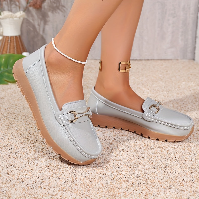 Women's Slip-On Loafers PU Cover Upper TPR Sole Metallic Buckle All-Season Flats