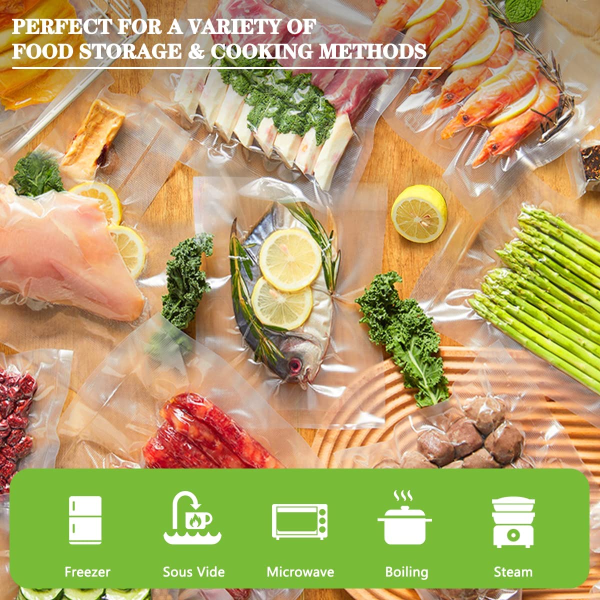 Food-Grade Vacuum Sealer Bags 1 or 2 Pack Rolls for Food Preservation