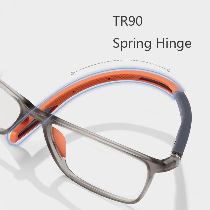 Unisex Lightweight Blue Light Blocking Reading Glasses with Smoky Gray Rectangular Frame and Orange Detail