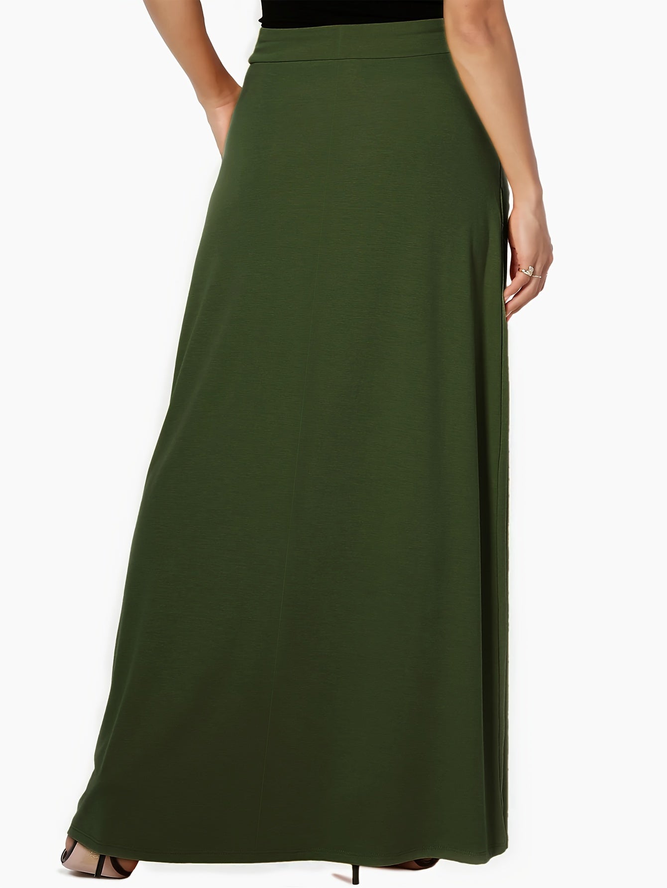 Women's Maxi Skirt Green Solid Color Elastic Waist Pockets Polyester
