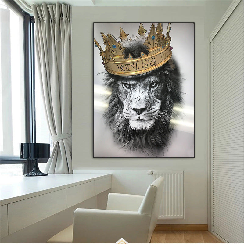 Abstract Animal Canvas Wall Art of a Lion Wearing a Crown Unframed Poster for Bedroom Decor