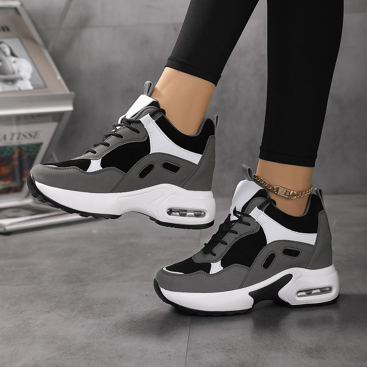 Zapatillas de plataforma con bloques de color para mujer, con cordones y amortiguación de aire