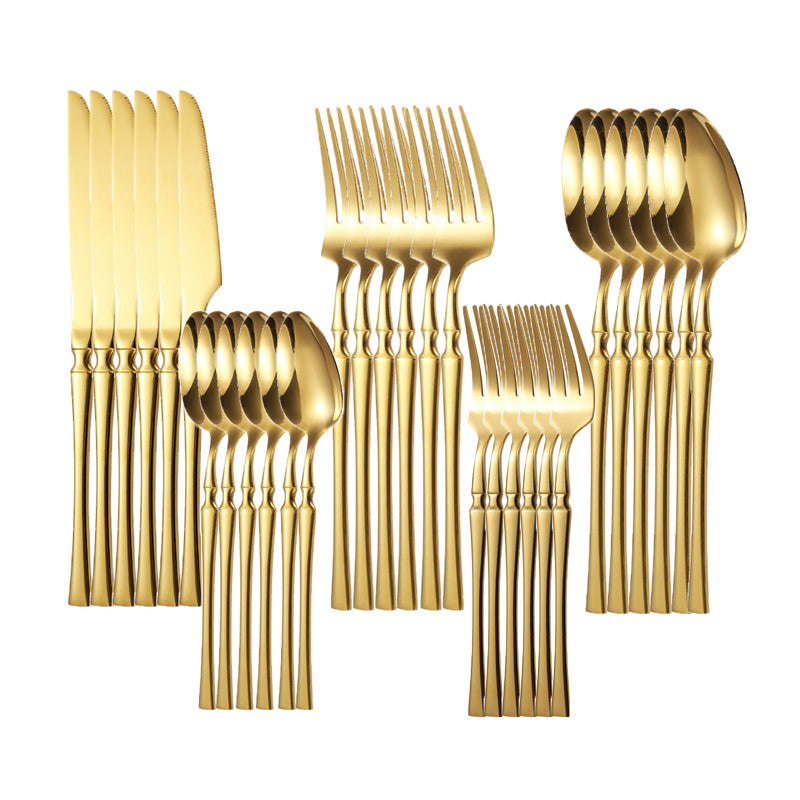 30-детальный золотой набор столовых приборов с тонким дизайном, изготовленный из нержавеющей стали и безопасный для мытья в посудомоечной машине.
