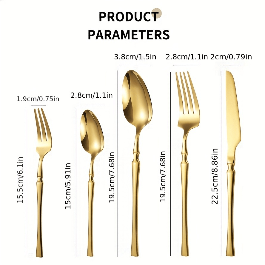 30-детальный золотой набор столовых приборов с тонким дизайном, изготовленный из нержавеющей стали и безопасный для мытья в посудомоечной машине.