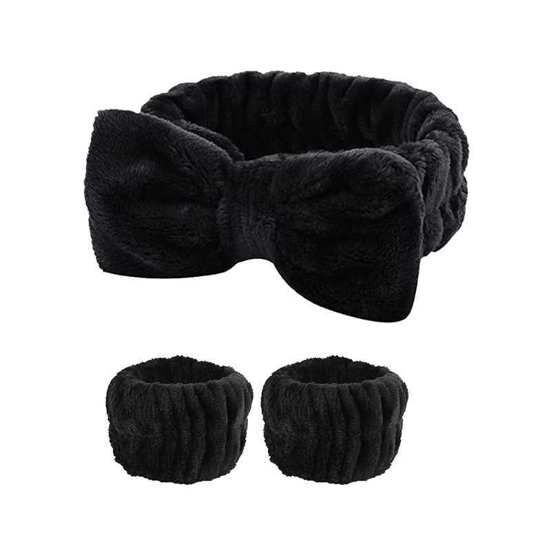 3-Piece Bow Decor Bath Headband and Wristband Set for Skincare and Makeup
