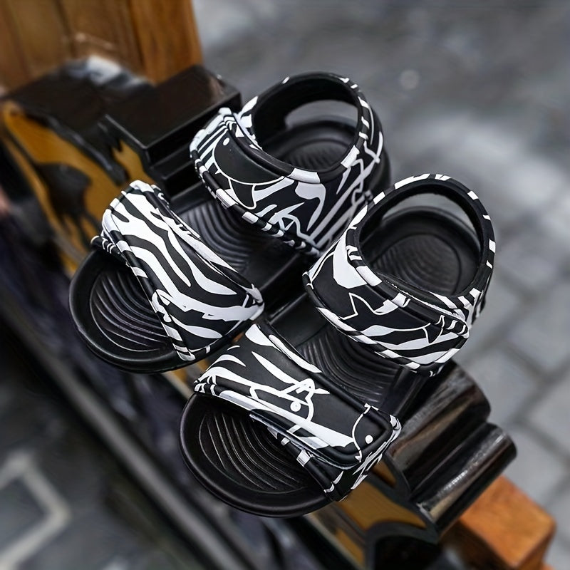 Boys' Striped Open Toe Sandals with Hook and Loop Fastener for Outdoor Activities