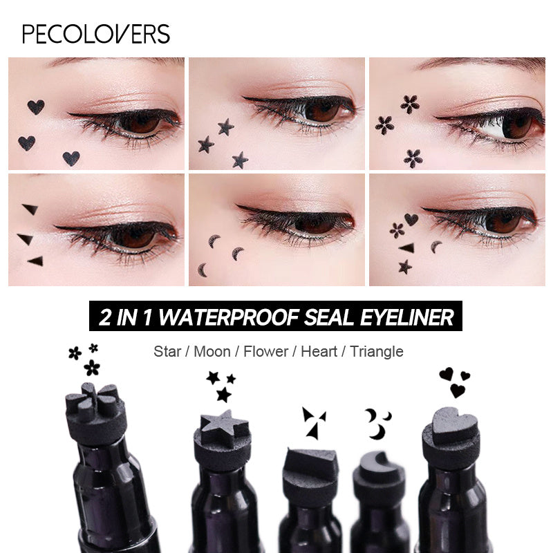 Women Liquid Eyeliner Pen Waterproof Double Head Moon Star Heart Flower Black Stamp