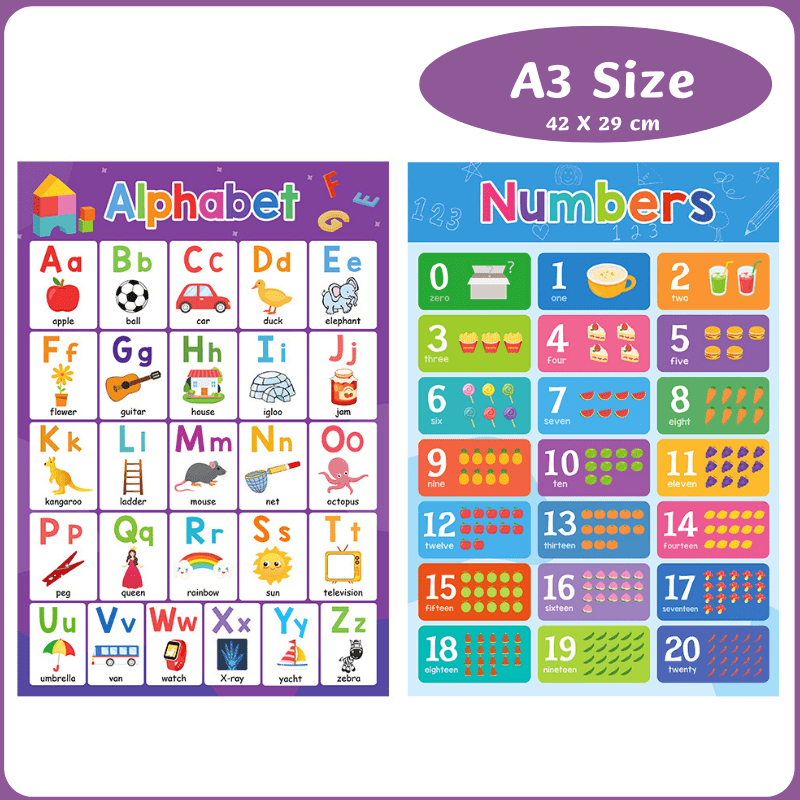 A3 Educational Posters Set of ABC Alphabet and Numbers 1-20 for Toddlers Kids Babies