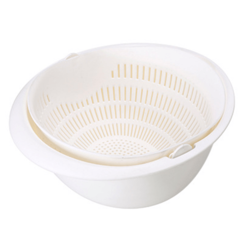 Single piece colander with two-tiered draining basket rotating plastic strainer reusable washing basket for kitchen