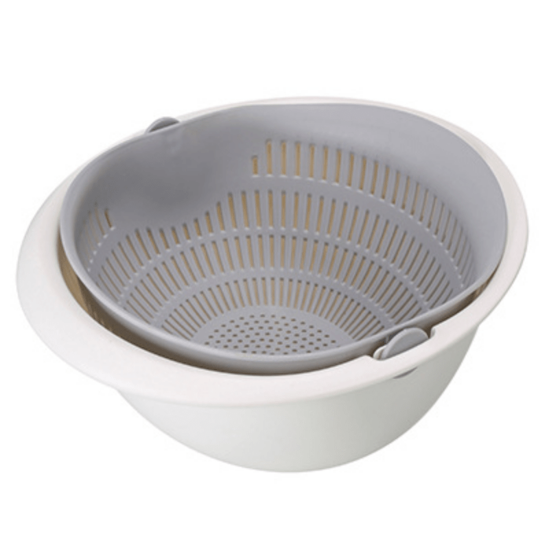 Single piece colander with two-tiered draining basket rotating plastic strainer reusable washing basket for kitchen