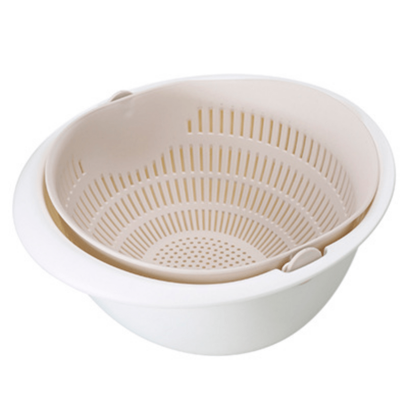 Single piece colander with two-tiered draining basket rotating plastic strainer reusable washing basket for kitchen