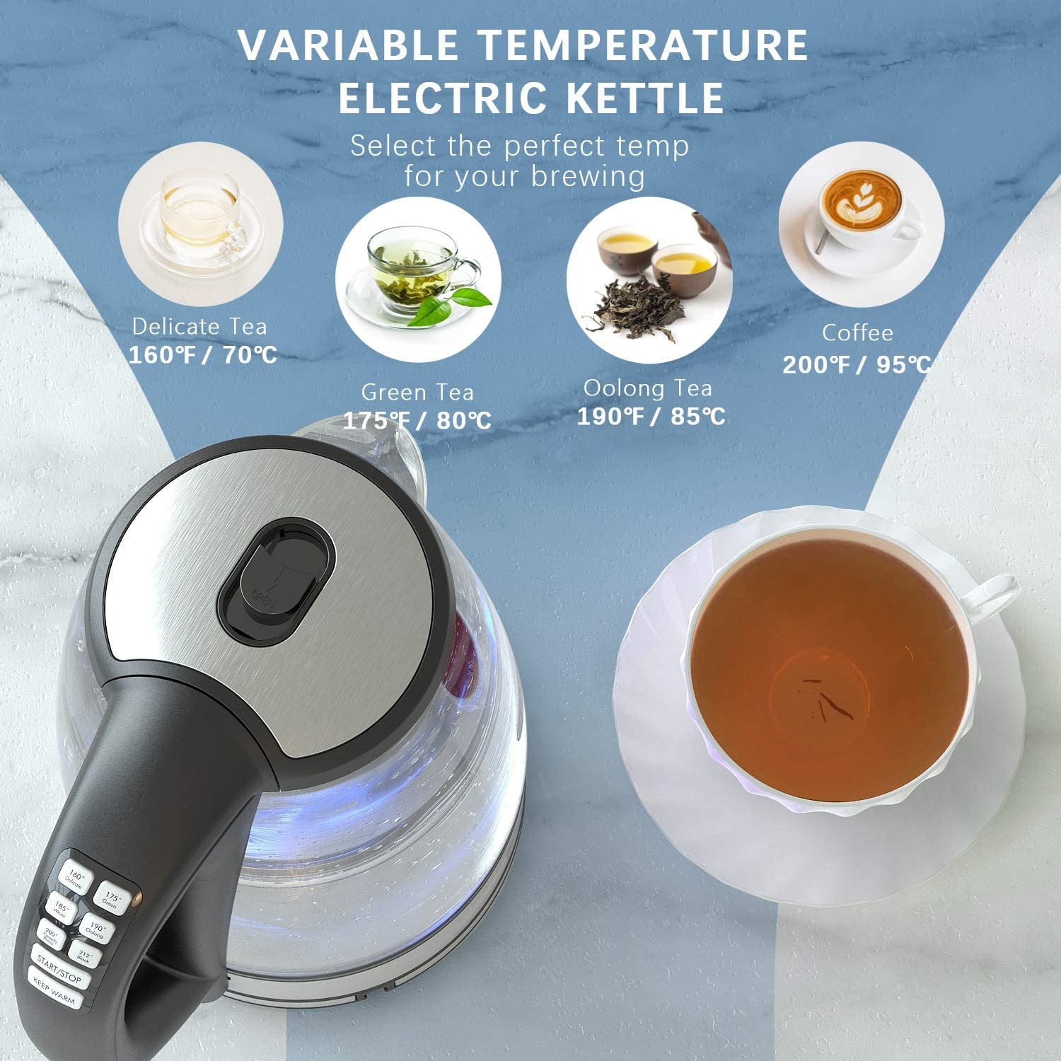 Electric Glass Kettle 2.0L 2200W Fast Boiling Temperature Control Keep Warm Auto Shut-Off