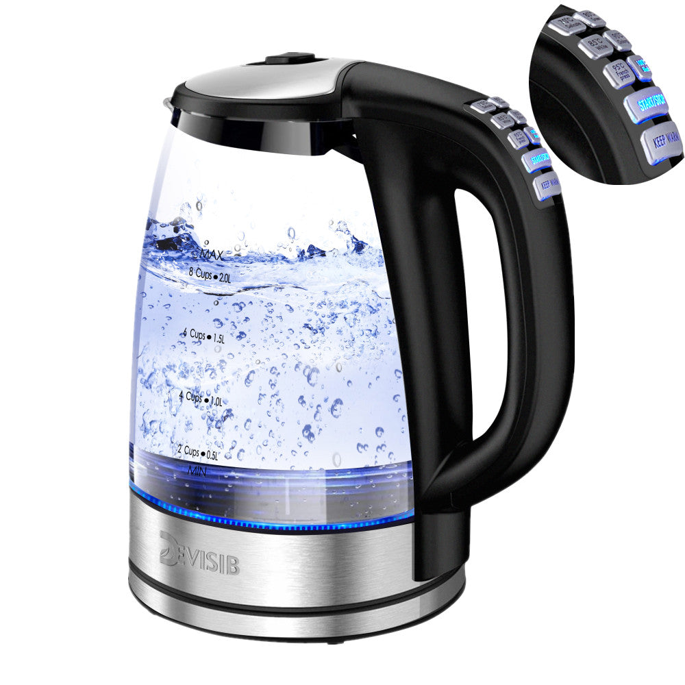 Electric Glass Kettle 2.0L 2200W Fast Boiling Temperature Control Keep Warm Auto Shut-Off