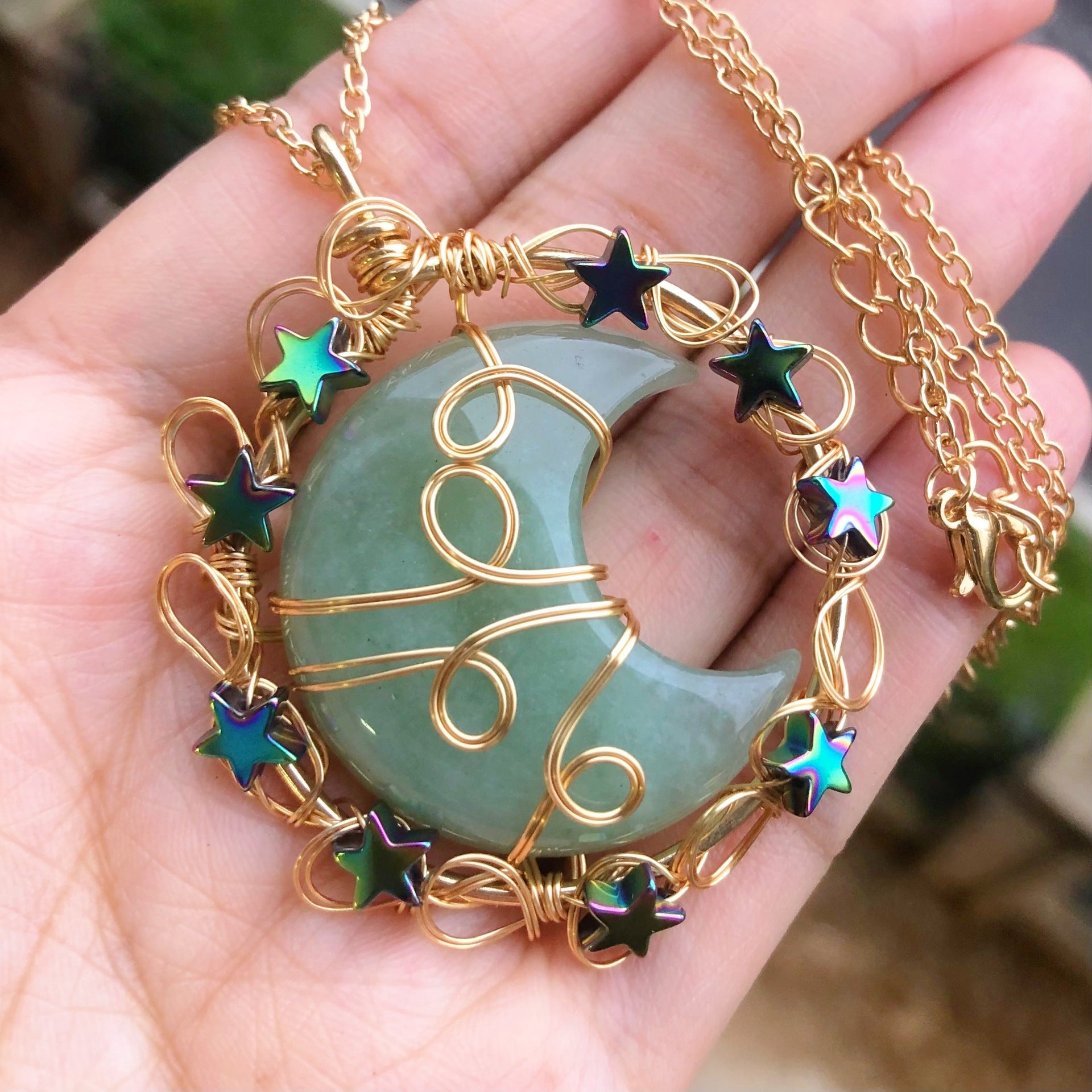 Moon and Star Crystal Pendant Necklace with Natural Gemstones Chakra Healing Jewelry for Women and Girls