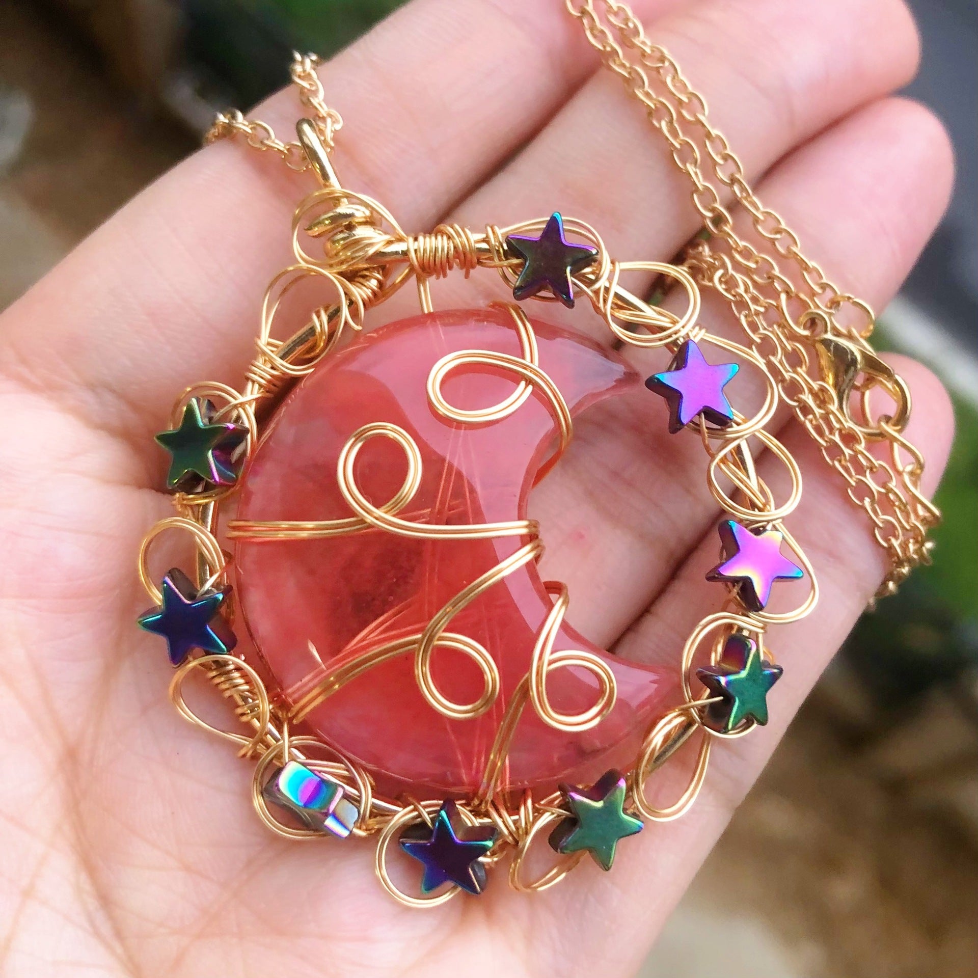Moon and Star Crystal Pendant Necklace with Natural Gemstones Chakra Healing Jewelry for Women and Girls
