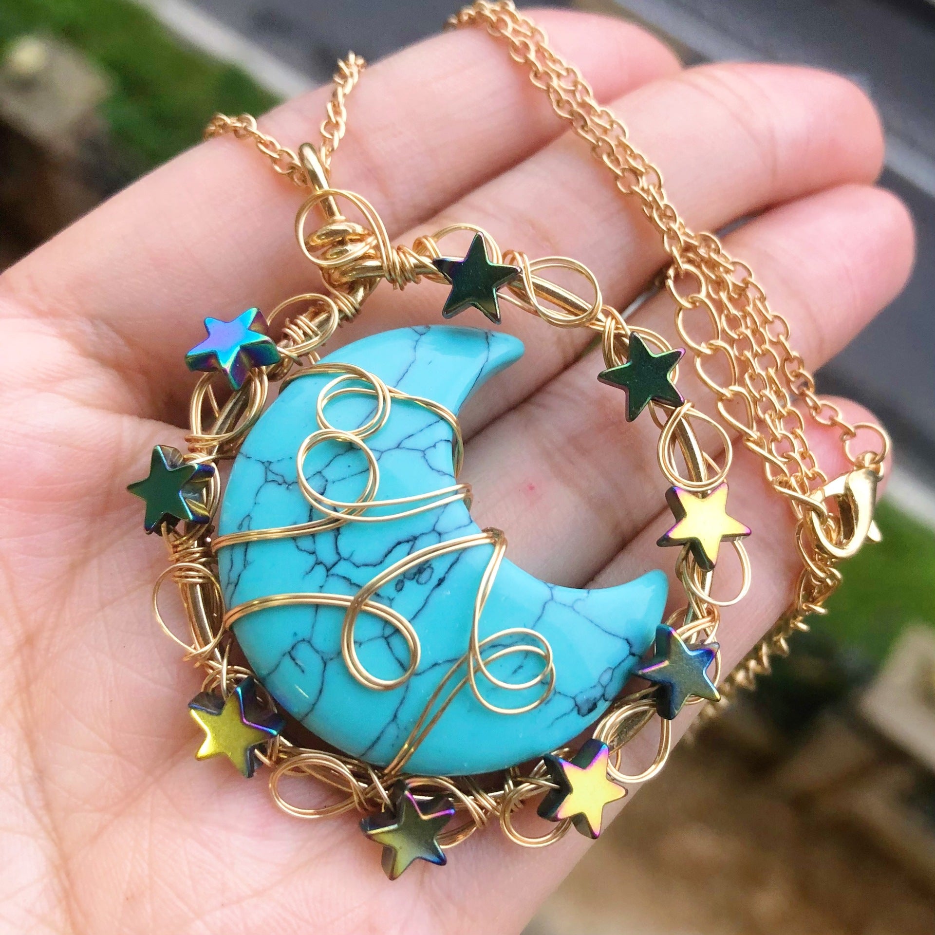 Moon and Star Crystal Pendant Necklace with Natural Gemstones Chakra Healing Jewelry for Women and Girls