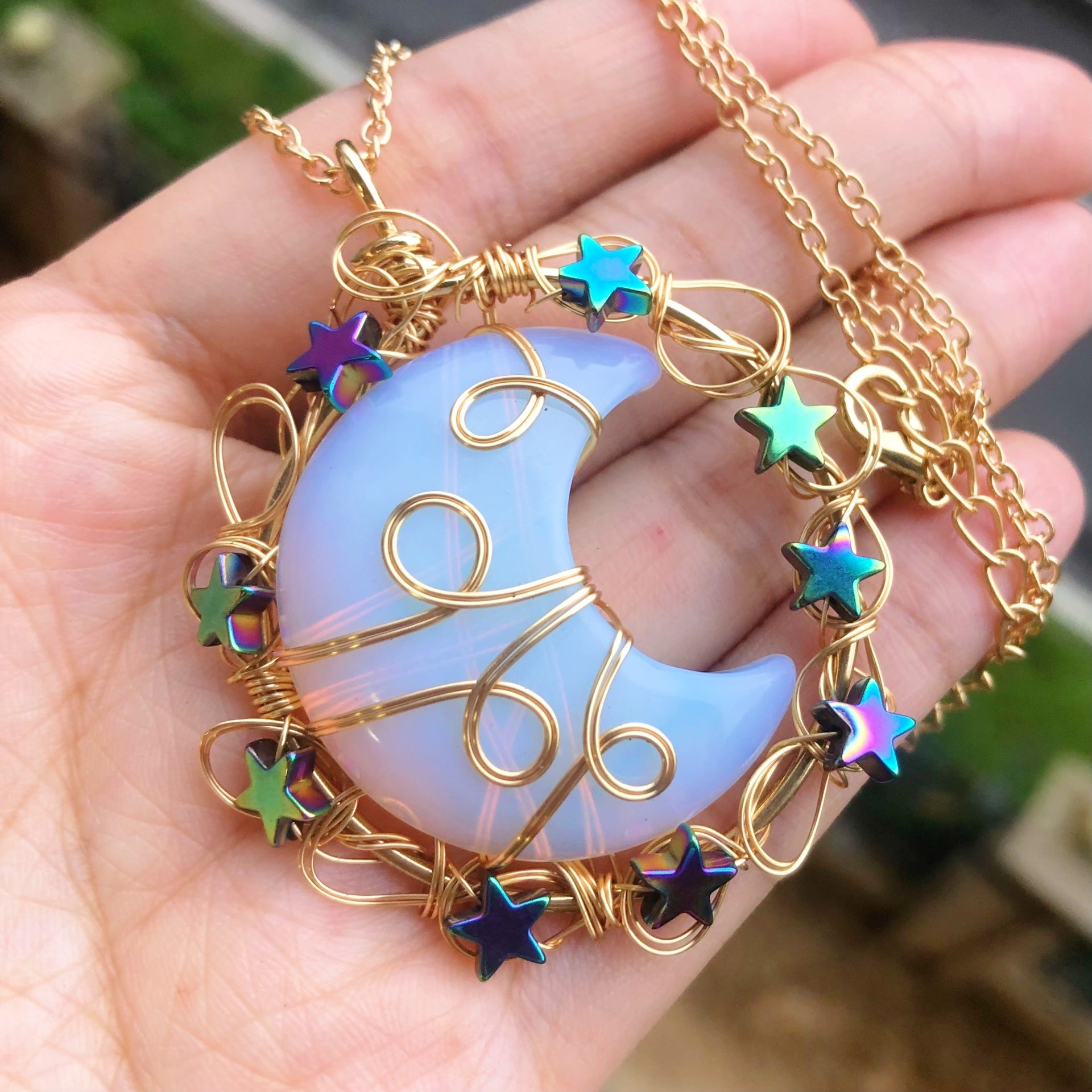 Moon and Star Crystal Pendant Necklace with Natural Gemstones Chakra Healing Jewelry for Women and Girls