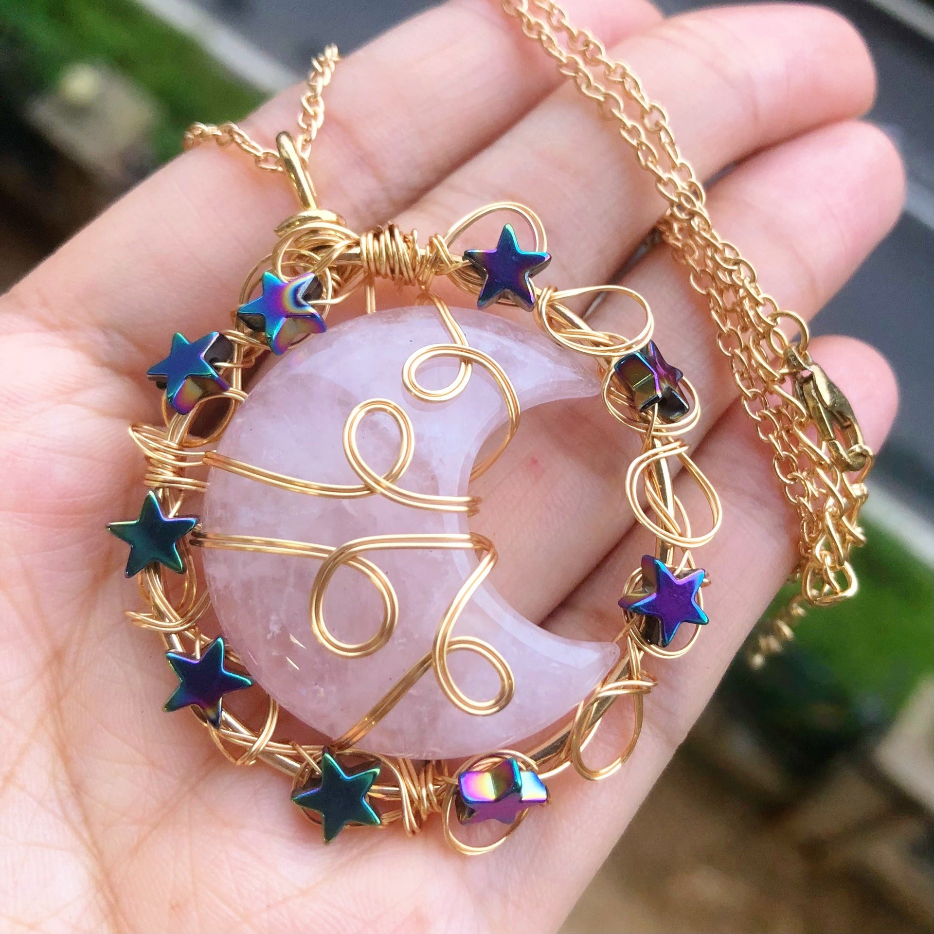 Moon and Star Crystal Pendant Necklace with Natural Gemstones Chakra Healing Jewelry for Women and Girls