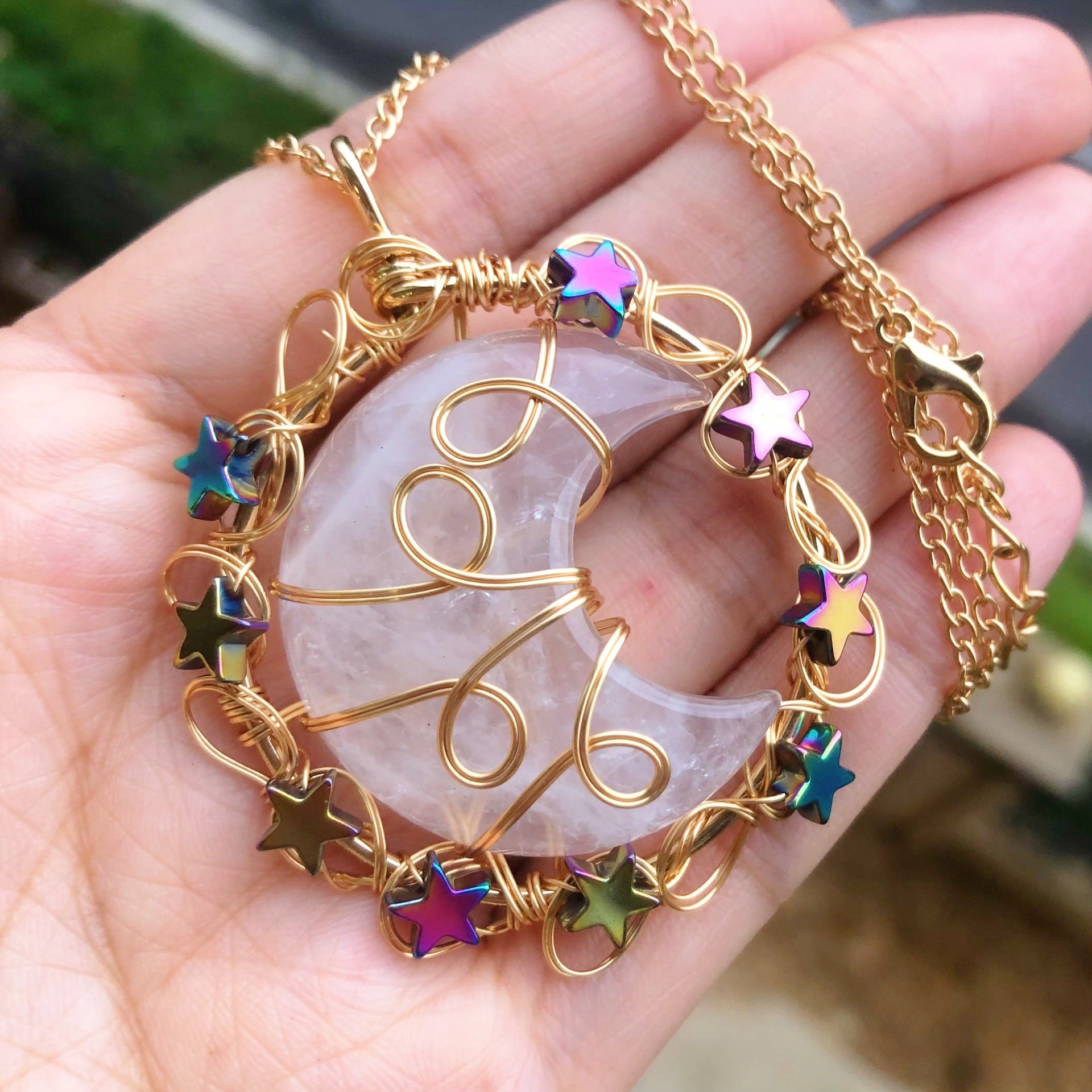 Moon and Star Crystal Pendant Necklace with Natural Gemstones Chakra Healing Jewelry for Women and Girls