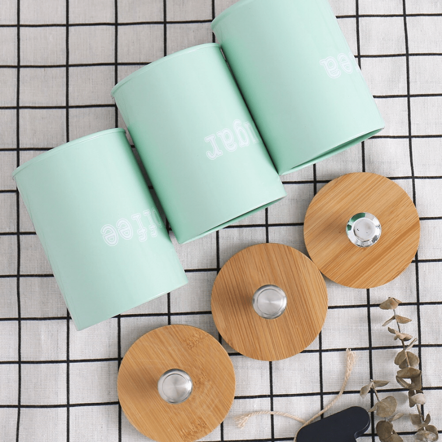 Set of 3 Metal Storage Chests with Bamboo Lids for Coffee, Nuts, and Snacks