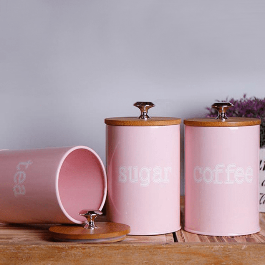 Set of 3 Metal Storage Chests with Bamboo Lids for Coffee, Nuts, and Snacks