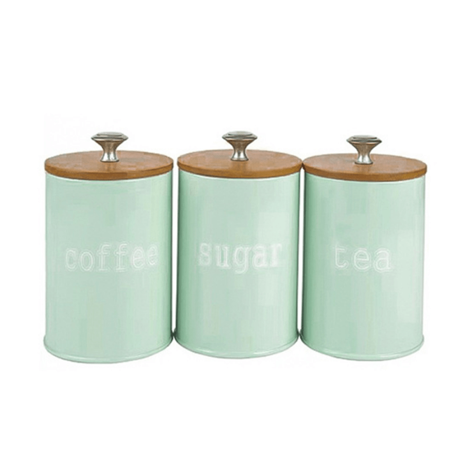 Set of 3 Metal Storage Chests with Bamboo Lids for Coffee, Nuts, and Snacks