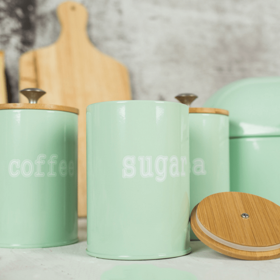 Set of 3 Metal Storage Chests with Bamboo Lids for Coffee, Nuts, and Snacks