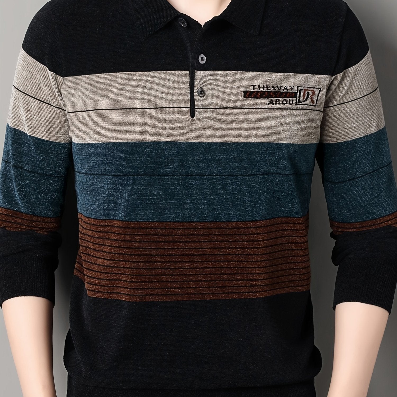 Men's Striped Knit Sweater Fall Winter Long Sleeve Pullover with Button Details