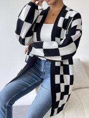 Women's Plus Size Black and White Checkered Open Front Cardigan Sweater