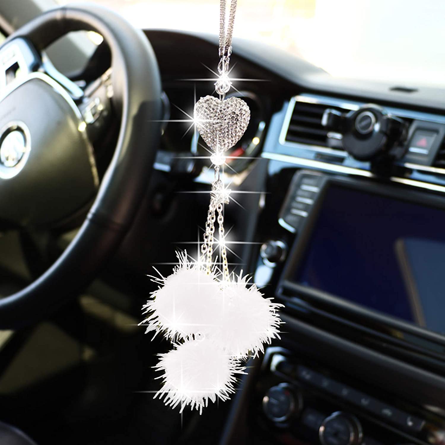 Women Girls Rhinestone Plush Ball Car Ornament Bling Love Heart
