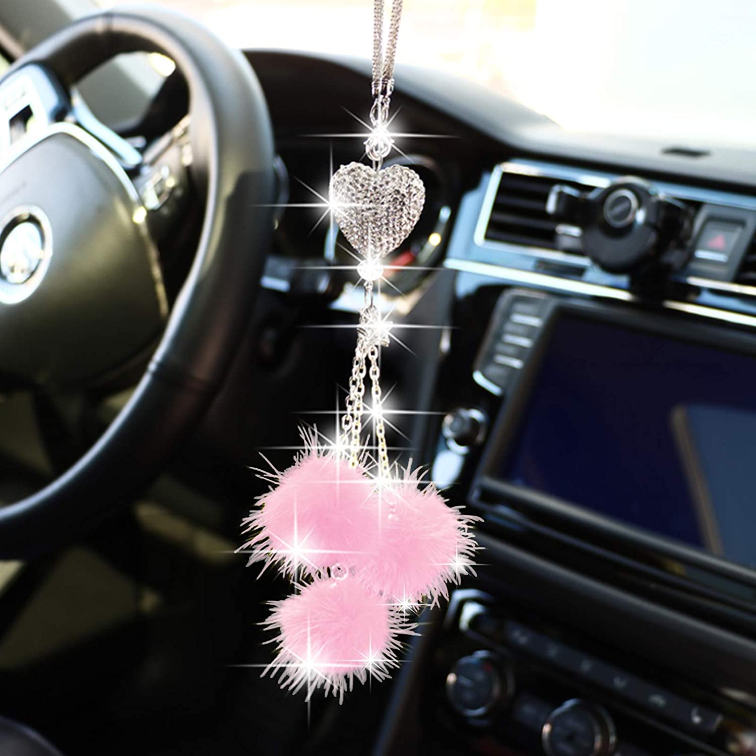 Women Girls Rhinestone Plush Ball Car Ornament Bling Love Heart