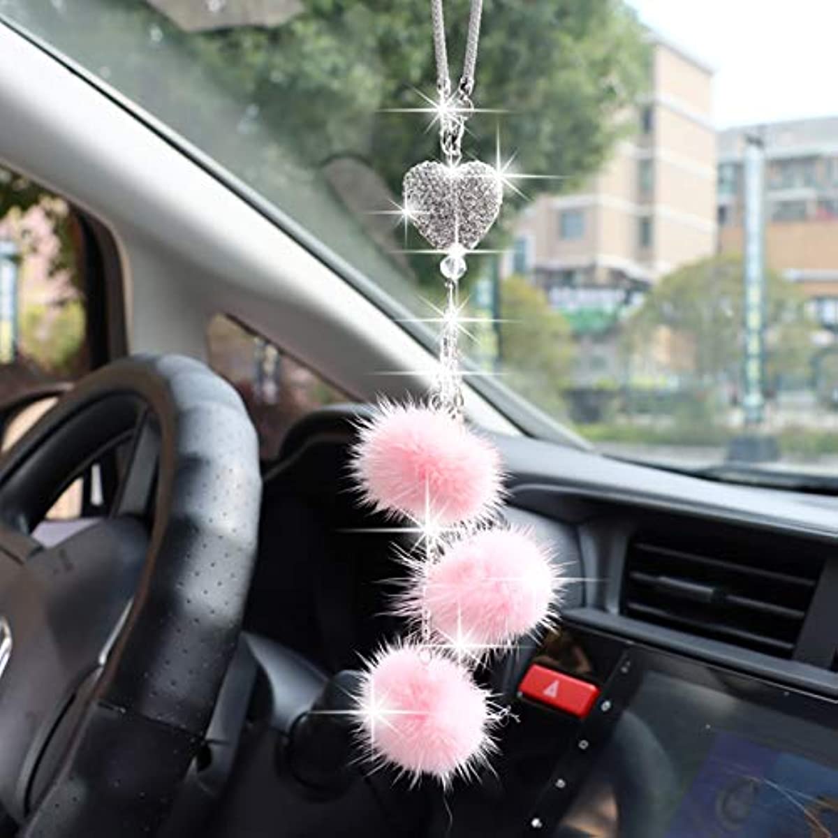Women Girls Rhinestone Plush Ball Car Ornament Bling Love Heart