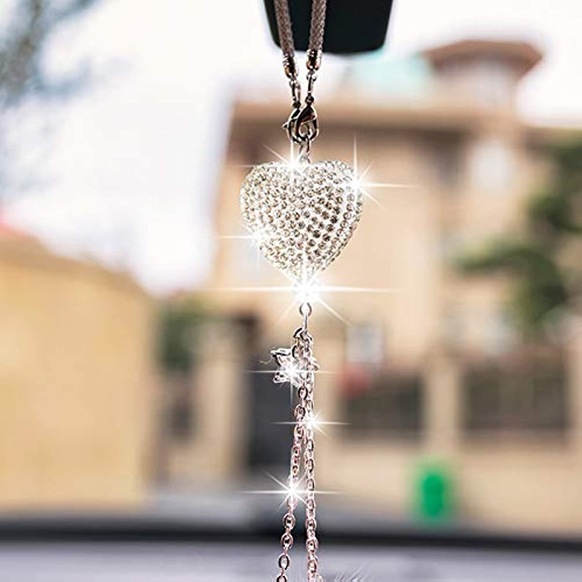 Women Girls Rhinestone Plush Ball Car Ornament Bling Love Heart