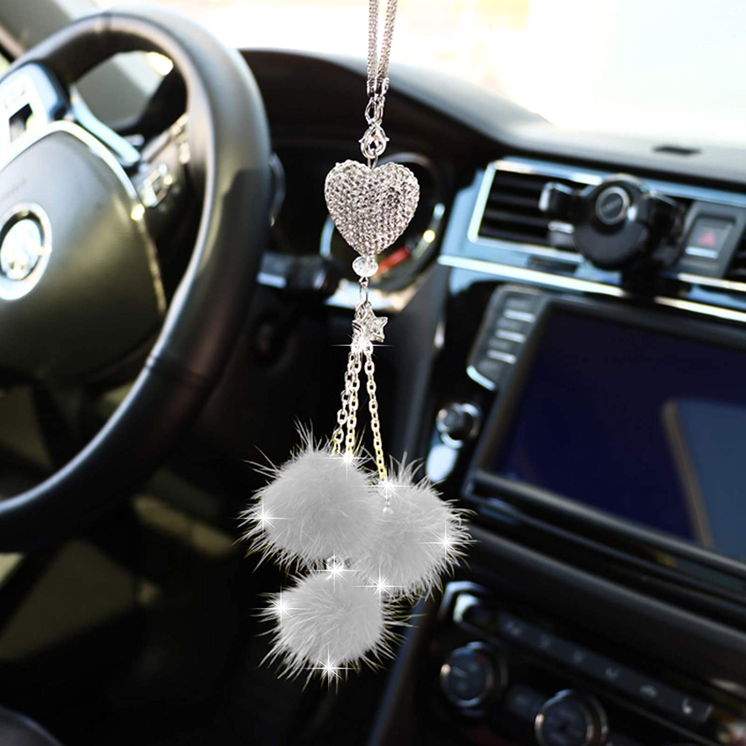 Women Girls Rhinestone Plush Ball Car Ornament Bling Love Heart