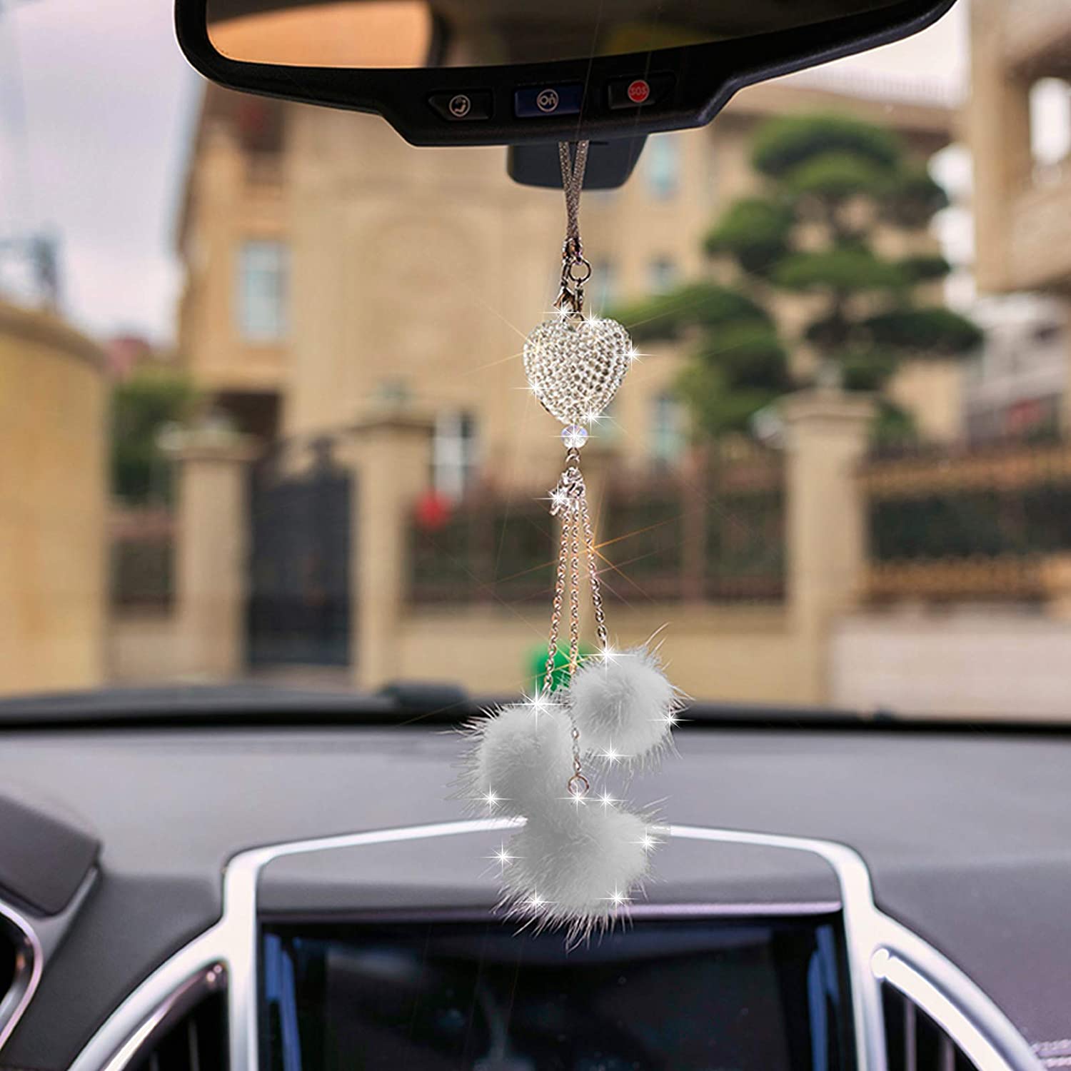 Women Girls Rhinestone Plush Ball Car Ornament Bling Love Heart