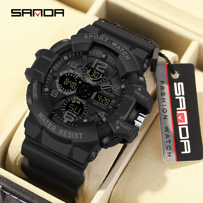 Men's Black Digital Sports Watch with Round Dial 5ATM Water-Resistant Shockproof Silicone Strap