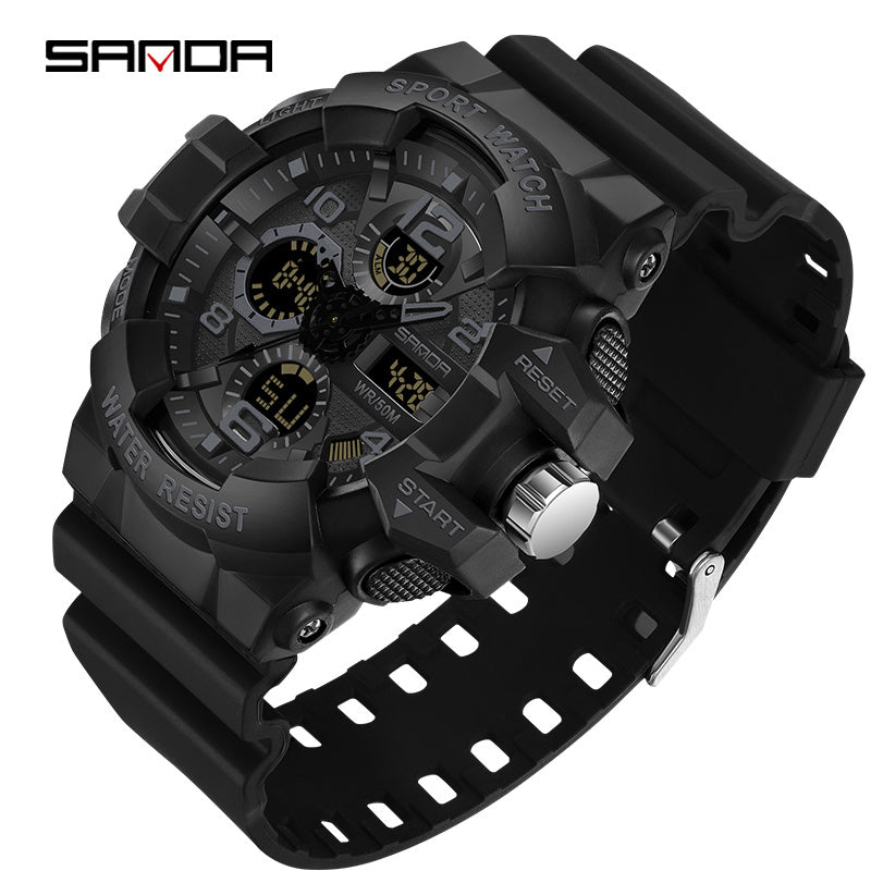 Men's Black Digital Sports Watch with Round Dial 5ATM Water-Resistant Shockproof Silicone Strap