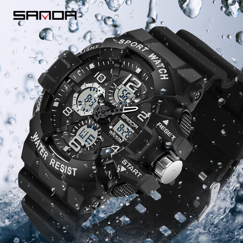 Men's Black Digital Sports Watch with Round Dial 5ATM Water-Resistant Shockproof Silicone Strap