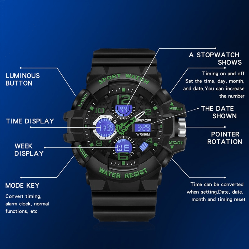 Men's Black Digital Sports Watch with Round Dial 5ATM Water-Resistant Shockproof Silicone Strap