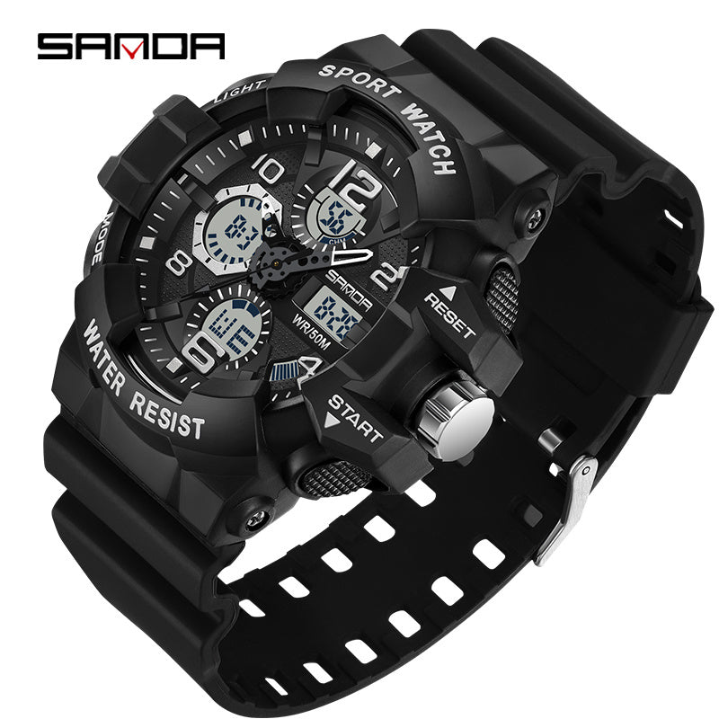 Men's Black Digital Sports Watch with Round Dial 5ATM Water-Resistant Shockproof Silicone Strap