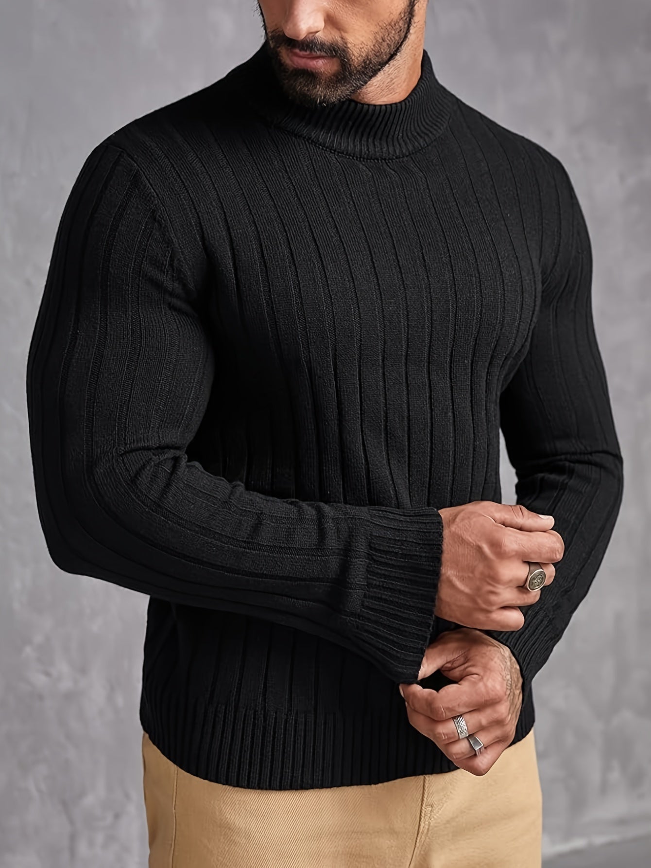 Men's Slim Fit Ribbed Knit Pullover Sweater for Plus Sizes Lightweight High Neck Long Sleeve Top