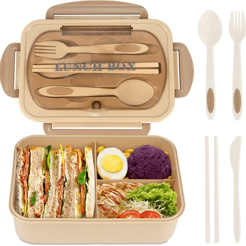Caja de almuerzo beige Bento para adultos y estudiantes, a prueba de fugas, libre de BPA, con 3 compartimentos