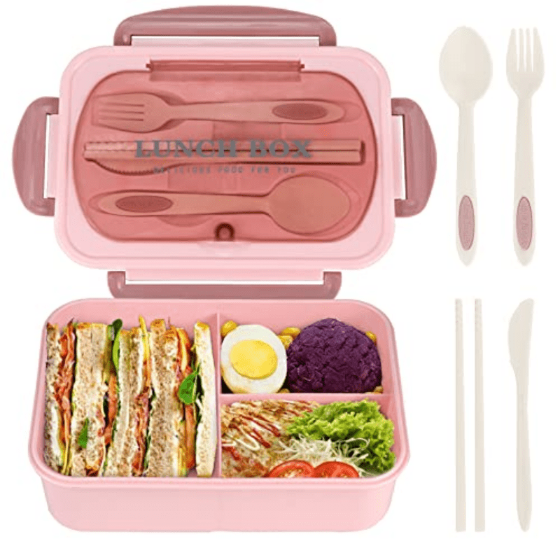Caja de almuerzo beige Bento para adultos y estudiantes, a prueba de fugas, libre de BPA, con 3 compartimentos