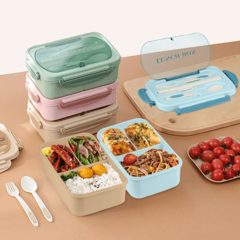 Caja de almuerzo beige Bento para adultos y estudiantes, a prueba de fugas, libre de BPA, con 3 compartimentos