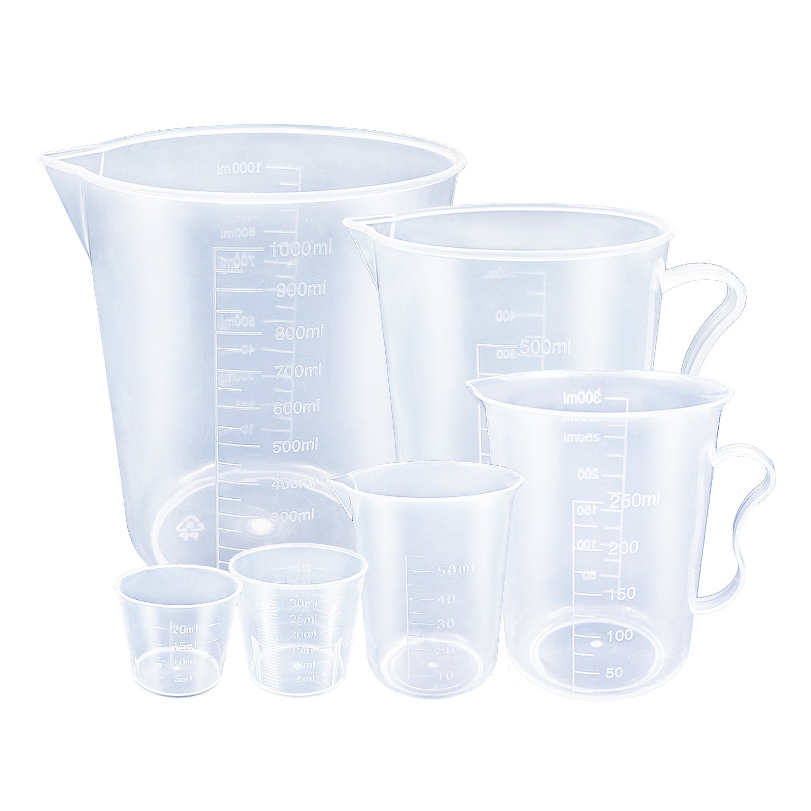Pishirish uchun 6 ta shaffof plastik o'lchov stakanlari to'plami, quyish quvuri bilan graduatsiyalangan suyuqlik idishlari, oshxona uchun zarur - 20ml, 30ml, 50ml, 300ml, 500ml va 1000ml o'lchovlarini o'z ichiga oladi.